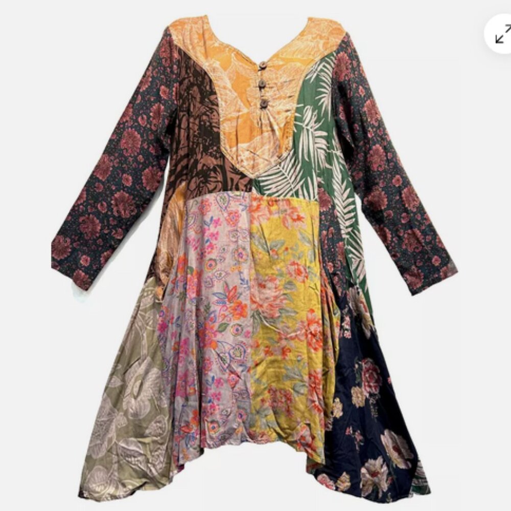 Nwt SACRED THREADS floral funky hippie rayon pocket sharkbite DRESS M